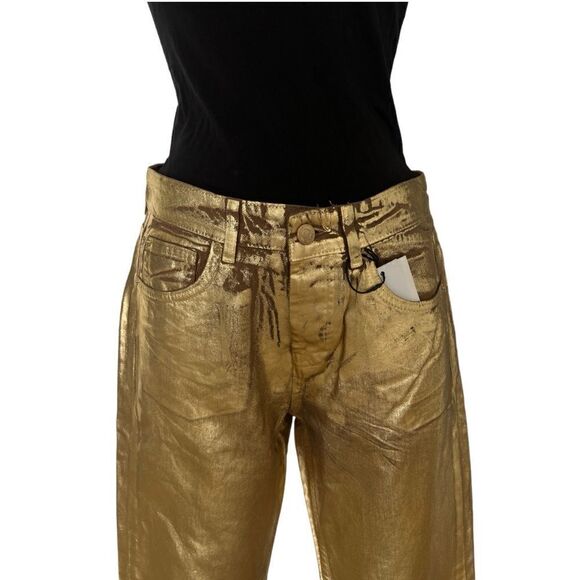 STRADIVARIUS Straight Fit Pants Jeans Coated In Gold Color Cotton Size 2. - Picture 2 of 8